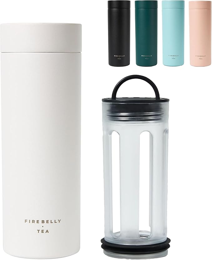 Firebelly Tea, Travel Tea Infuser Mug with Strainer, Insulated Tumbler for Loose Leaf Tea or Coffee, Leakproof Bottle for Hot or Iced Drinks, Stainless Steel Thermos with Lid, Blanc - Bloomnest