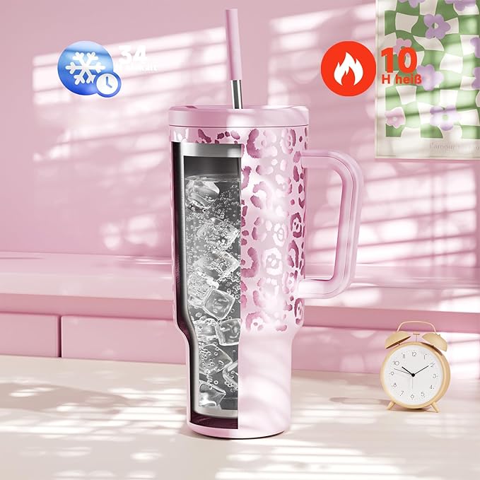 Meoky 40 oz Tumbler with Handle and Straw, Tumbler with Lid and Straw, Insulated Stainless Steel Travel Mug, 100% Leak-proof, Keeps Cold for 34 Hours or Hot for 10 Hours (Pink Leopard) - Bloomnest