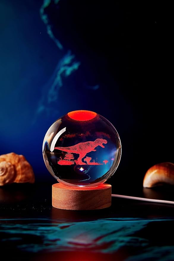 Dinosaur Crystal Ball Lamp, 3D K9 T-Rex, 3.15in USB Powered, 16 Colors Change, Remote Control, Night Light with Wooden Base, Gift Box - Bloomnest