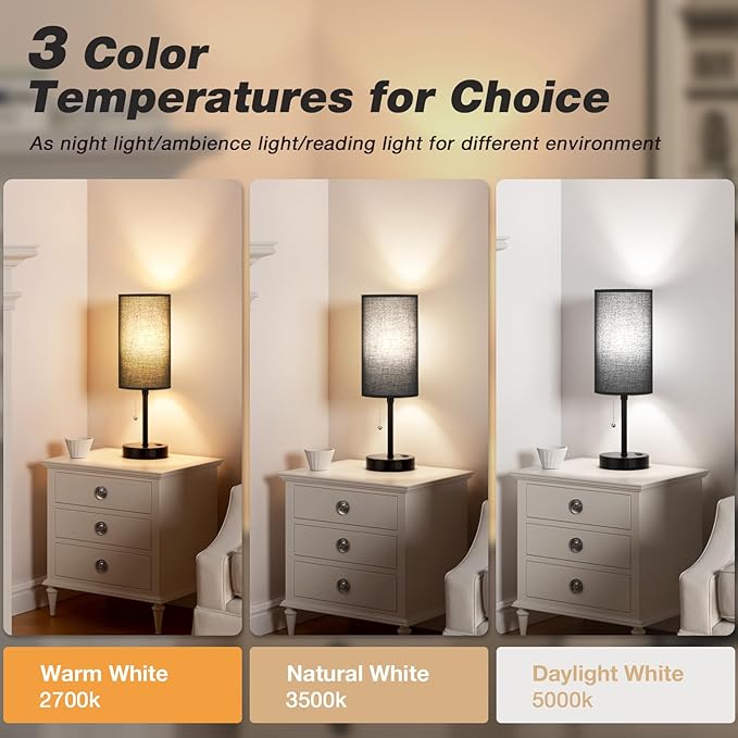 Dicoool 17Inch Tall Bedroom Lamps with USB C and A Ports 3 Color Temperatures - Pull Chain Black Nightstand Bedside Table Lamp with AC Outlet, Side Lamp for Living Room End Table - Bloomnest
