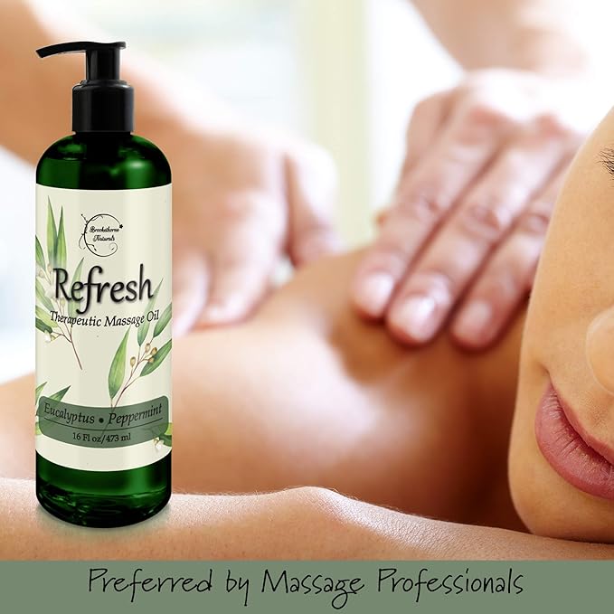 Refresh Massage Oil for Massage Therapy with Eucalyptus & Peppermint Essential Oils - All Natural, Great for Sore Muscles. Ideal for Full Body Relaxation – Nut Free Formula 16oz - Bloomnest