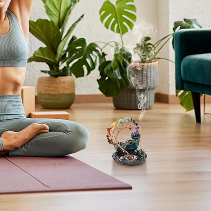MrMrKura Backflow Incense Burner, Ceramic Incense Waterfall Burner with 7 Chakras Healing Crystals Tree Fountain Incense Holders for Yoga Meditation Home Decor - Bloomnest