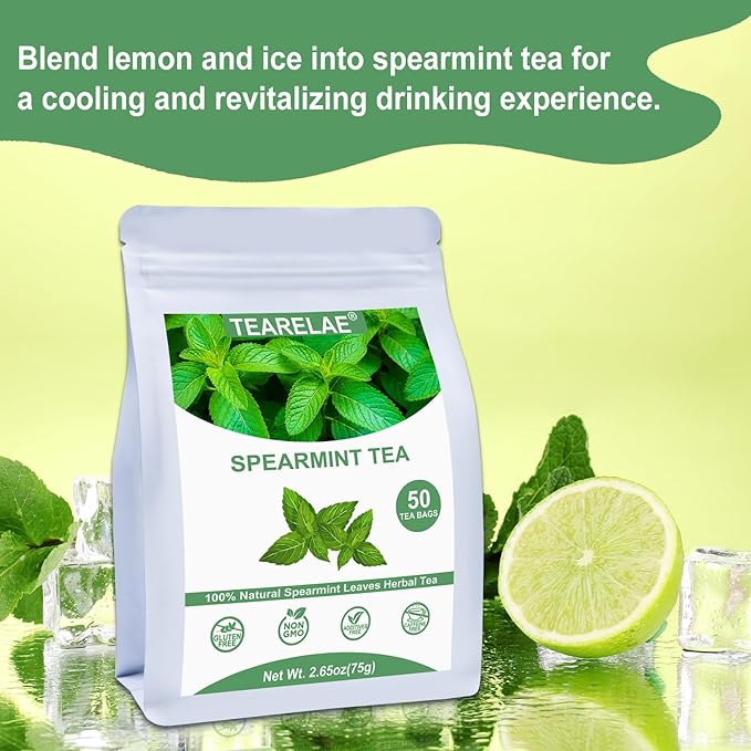 TEARELAE - Spearmint Tea - 1.5g x 50 Count - 100% Pure Spearmint Leaves - Non-GMO - Naturally Caffeine-free Herbal Tea - Support Digestion & Natural Breath Freshener - Bloomnest