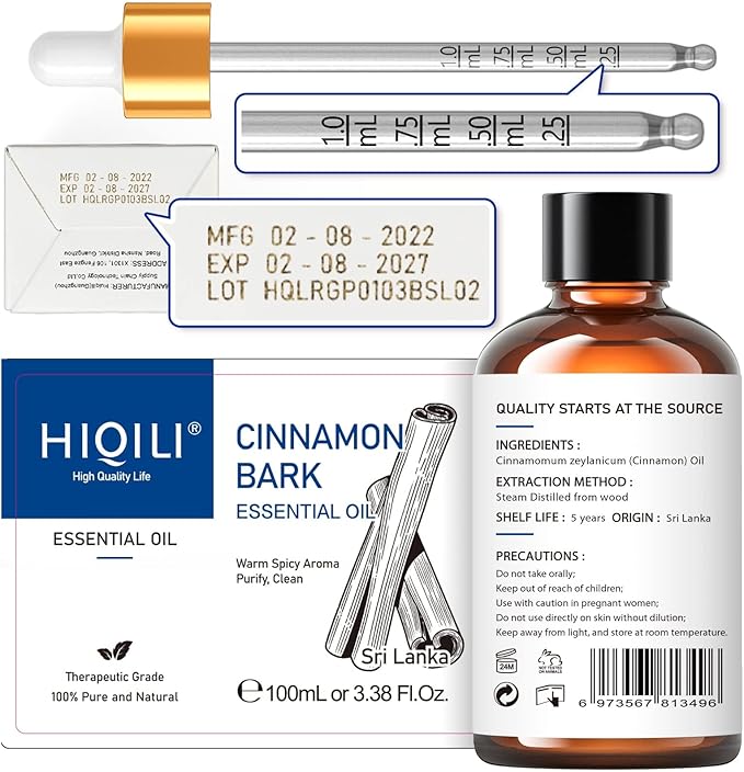 HIQILI Cinnamon Essential Oil for Spary, Diffuser, Garden and Kitchen - 100% Pure Natural - Indoor and Outdoor, 3.38 Fl Oz - Bloomnest