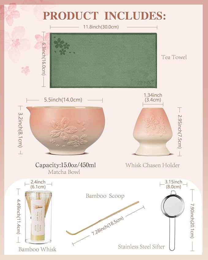 ZENS Matcha Whisk Set, Pink Ceramic Matcha Bowl with Embossed Sakura, 6pcs Matcha Tea Kit Includes Bamboo Whisk, (Chasen Holder) Scoop & Sifter, Tea Towel for Matcha Ceremony, Pink - Bloomnest