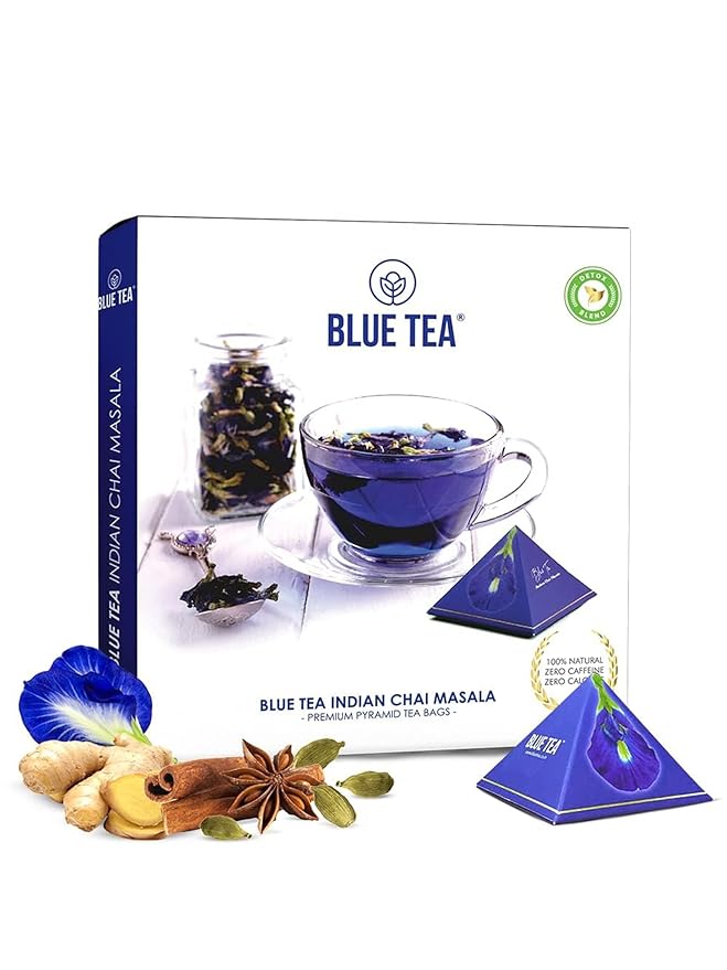 BLUE TEA - Indian Chai Masala - 12 Count - Pyramid Plant Based Tea Bag | Butterfly Pea Flower | Flower & Indian Spices Based | Caffeine Free - Detox Tea - Herbal Tea - Non Bitter | Gifts Box - Bloomnest