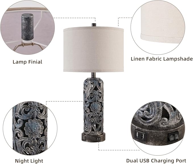 RORIANO 25'' Set of 2 Rustic Table Lamp for Bedroom Living Room with 2 USB Ports, Farmhouse Vintage Resin Nightstand Lamp with Nightlight, Antique Retro Desk Lamp for Entryway, 2 Bulbs Included - Bloomnest