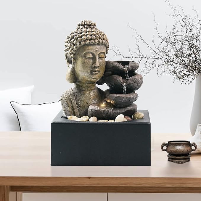 Ferrisland Tabletop Waterfall Fountain Indoor - Buddha Water Fountains 4-Tier Tabletop Waterfall of Zen Meditation Buddha Fountain with LED Warm Light for Office Home and Bedroom Desktop Decor - Bloomnest