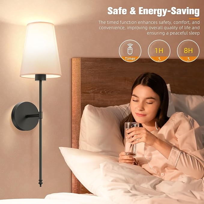 NIORSUN 25.4 inch Battery Operated Wall Sconce Set of 2,Black Rechargeable Wall Lights with 5200mAh Dimmable Detachable Bulbs and Remote,9 Colors Wireless Sconces for Bedroom Living Room Hallway - Bloomnest