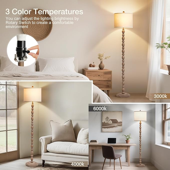 Luvkczc 62" Farmhouse Floor Lamp for Living Room & Bedroom - 3-Color Temperature Standing Lamp, Vintage Rustic Tall Floor Lamps with Rotary Switch, Resin Corner Lamps for Office (Dark Brown) - Bloomnest
