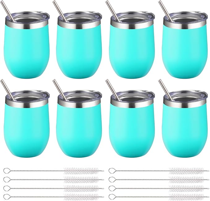 12 oz Insulated Wine Tumbler with Lid and Straw,Stainless Steel Stemless Wine Tumbler Glasses Double Wall Vacuum Wine Cups Tumbler Bulk for Champaign,Cocktail,Office(Mint Green,8) - Bloomnest