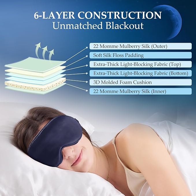 100% 22 Momme Mulberry Silk Sleep Mask with Adjustable Strap, 3D Contoured Cup Silk Eye Mask for Sleeping, Total Black Out, Navy Bule - Bloomnest