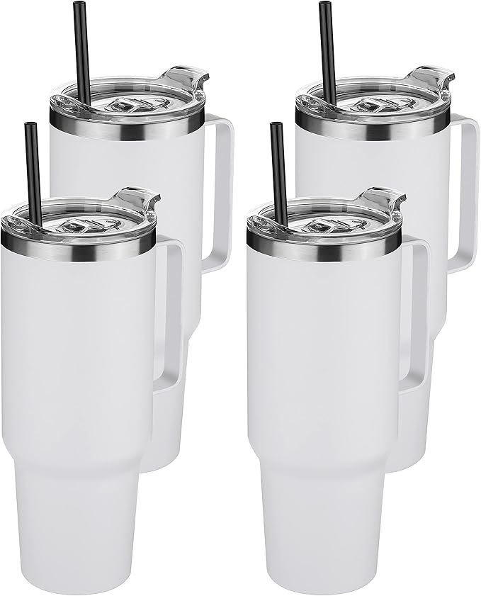 HASLE OUTFITTERS 40 oz Stainless Steel Tumbler with Handle, Vacuum Insulated Tumblers Bulk, Reusable Double Wall Travel Coffee Mug, Durable Powder Coated Water Bottles(White, 4) - Bloomnest