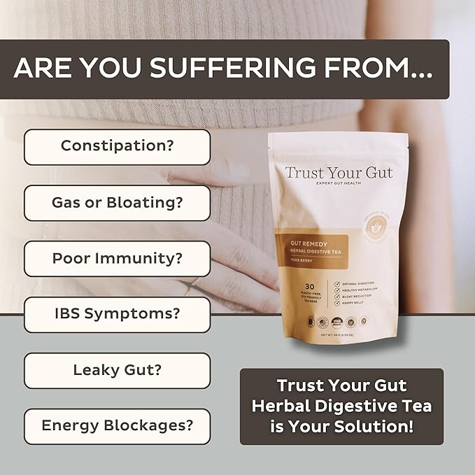 Trust Your Gut Organic Herbal Tea Blend – Lemon Balm, Holy Basil, Dandelion & Ginger Root – Supports Healthy Digestion & Gut Balance – Poha Berry, 30 Bags - Bloomnest