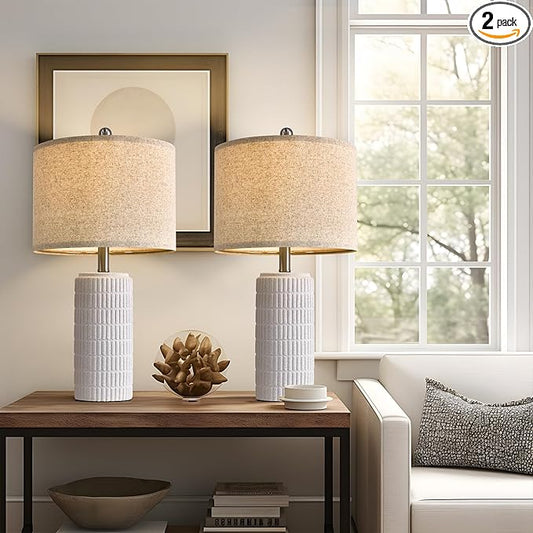 PoKat 23" Table Lamp, Farmhouse Bedside Lamps for Bedroom Set of 2, Ceramic End Table Lamps for Living Room, Traditional Nightstand Desk Lamps, Frosted White Lamps, Medium - Bloomnest