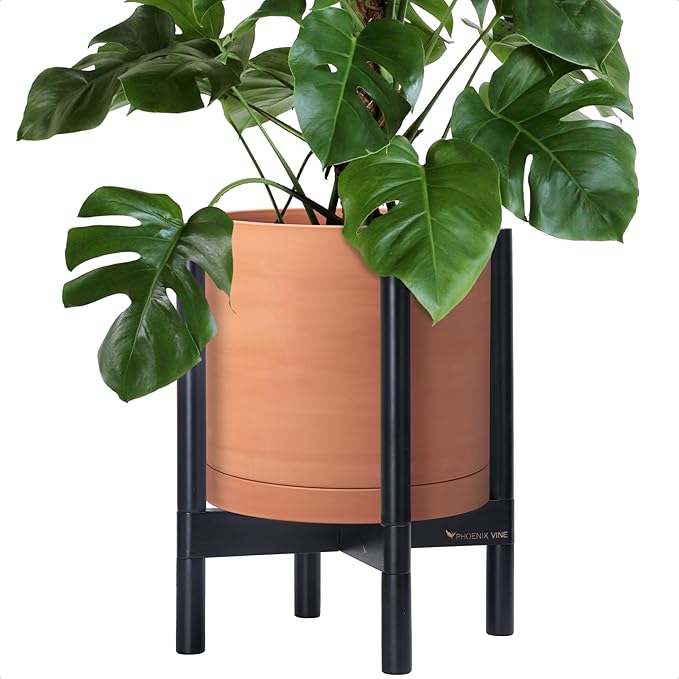 D'vine Dev Terracotta Planter with Ebony Stand - 12 Inch Modern Round Flower Pot with Wood Planter Holder, Terracotta, 55-B-H-5 - Bloomnest