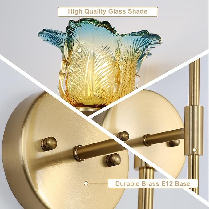 2 Pack Plug in Gold Wall Sconce with Modern Flower Glass Shades, Modern Mid Century Bathroom Vanity Wall Light Fixtures, Industrial Brushed Brass Wall Lamp, for Bedroom Mirror Living Room - Bloomnest