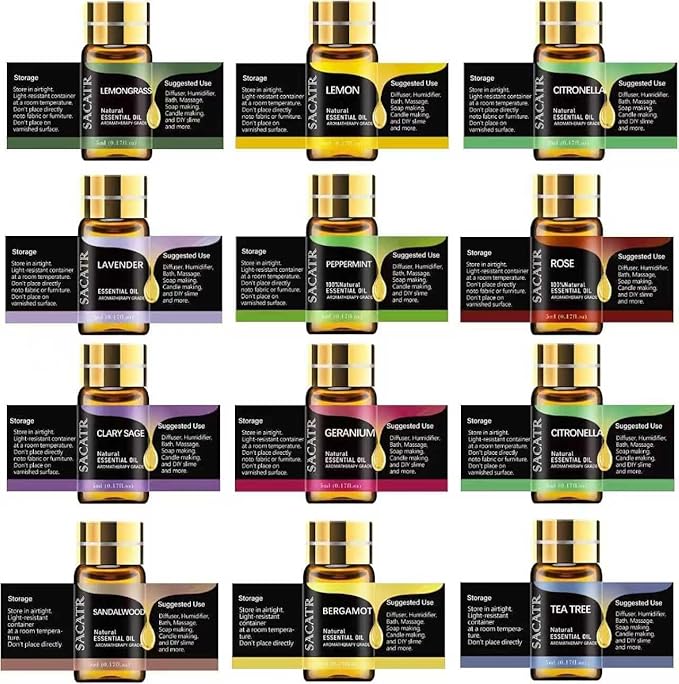 Essential Oils by SACATR Natural Essential Oil Set -12 Essential Oils Gift Set for Diffuser, Massage, Fragrance Oil Scent for DIY Candle and Soap Making (12 * 5ML) - Bloomnest