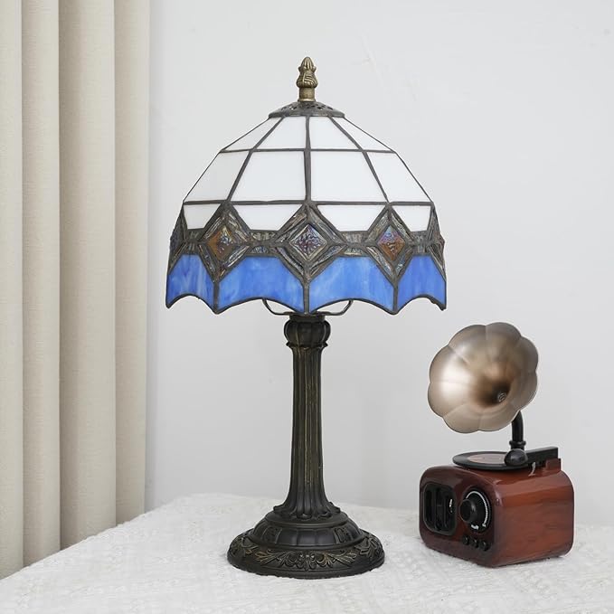 Blue and White Lamp Small Tiffany Lamps Bedside for Bedroom Dector Light Stained Glass Table Lamp Living Room Night Lamp Farmhouse Cute 8 Inch Aesthetic Mediterranean Mosaic Nightstand Desk Lamps E26 - Bloomnest