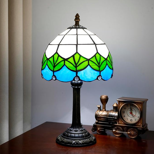 Small Tiffany Lamp Stained Glass Table Lamp Elegant Lovely Retro Style Green Lotus Leaf Bedside Nightlight Nightstand Bedroom Home Decoration Antique Living Room Office Interesting Lamp - Bloomnest