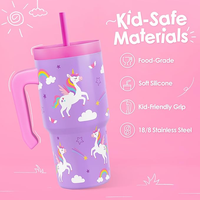 Unicorn Tumbler 20oz with Handle and Silicone Straw Lid for Kid, Insulated Stainless Steel Cup, Gift for Kids Girls, Gifts Idea for Birthday Christmas Back to School - Bloomnest