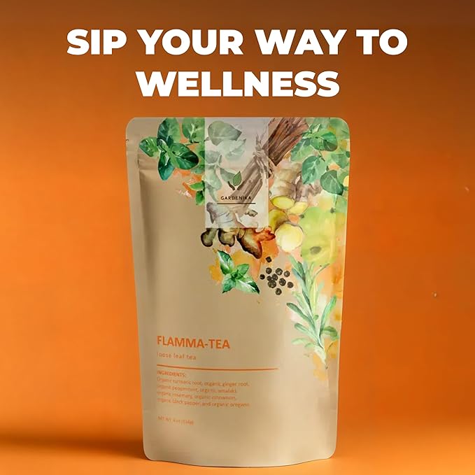 Gardenika Organic Flamma-tea Loose Leaf Tea | Premium Turmeric Ginger Blend with Cinnamon, Peppermint & Black Pepper | 100% Natural, Caffeine Free Herbal Wellness Tea | 4oz (113g) - Bloomnest