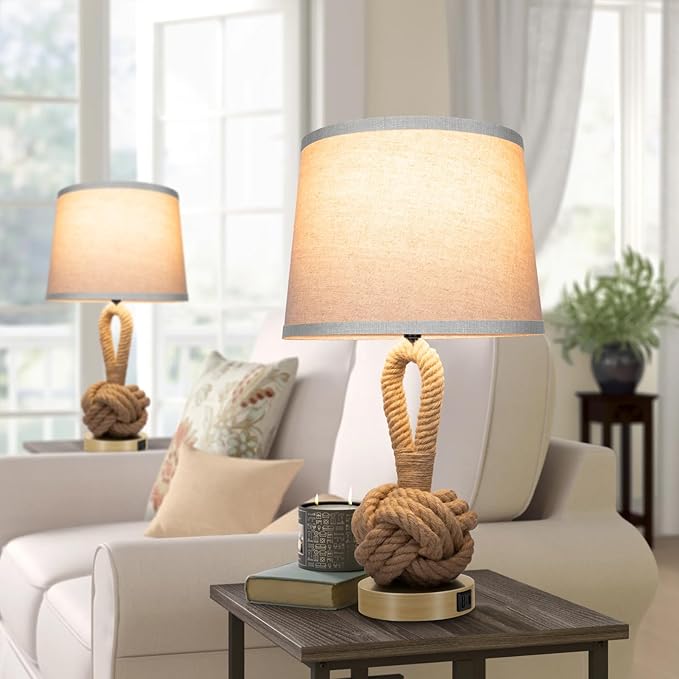 22" Rope Lamps for Night Stands, Bedside Lamps Set of 2, 3-Color Temperatures Boho Lamp with Rotary Switch, Table Lamps for Living Room Bedroom, Rattan Lamp with USB Ports, Bulbs Included - Bloomnest