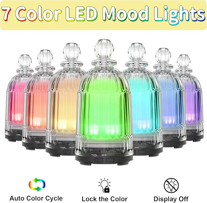 120ml Glass Diffuser, Ultrasonic Aroma Diffusers Cool Mist Humidifier with Glass Cover & Plastic Reservoir with 7 Color LED Lights, Auto Shut-Off for Office, Home, Yoga, Spa(Black Bottom) - Bloomnest
