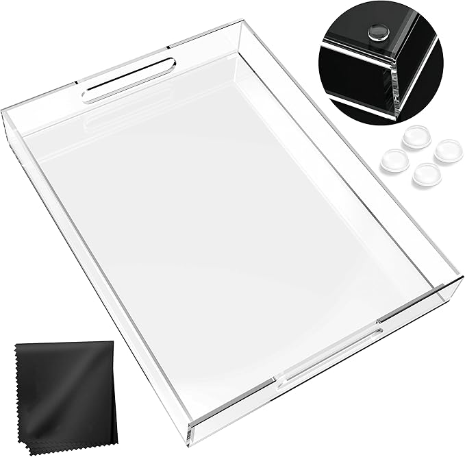 Acrylic Tray 16x12 with Cut Handles - Spill Proof Decorative Tray is an Ideal Countertop Organizer for Living Rooms, Ottoman Coffee Tables, Offices, Kitchens & Serving Guests - Bloomnest