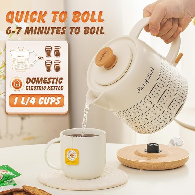 Ceramic Electric Kettle 1 Quarts, Hot Water Boiler Electric Kettles, Tea Pot with LED Light, Boil Dry Protection, Short Spout 1000W Fast Boil, Automatic Shut-off - Bloomnest