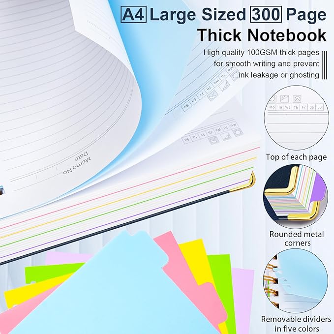Hardcover Spiral Notebook 8.5"x11" Journal Notebook with Tabs and Removable Dividers 300 Pages 5 Subject Notebook College Ruled, Faux Leather Spiral Bound Notebook for Women School Work(Dark Blue) - Bloomnest