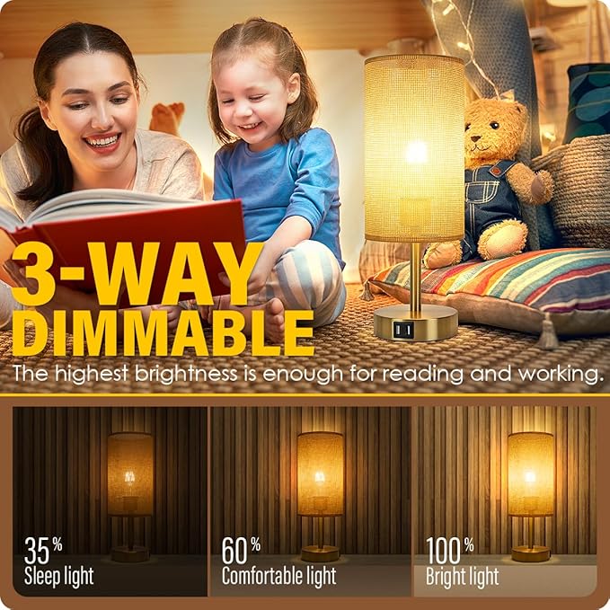 Yarra-Decor Bedside Lamp with USB Port - Touch Control Table Lamp for Bedroom Wood 3 Way Dimmable Nightstand Lamp with Round Flaxen Fabric Shade for Home Office (LED Bulb Included) (Y - NET) - Bloomnest