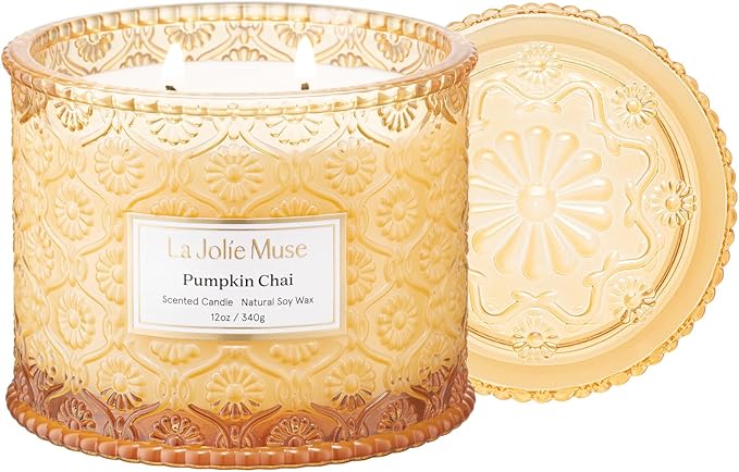LA JOLIE MUSE Pumpkin Chai Candle | Spicy Chai & Vanilla | 12 oz Double Wick Soy Candle | 60 Hours Clean Burn | Elegant Home Décor & Hosting Gift - Bloomnest