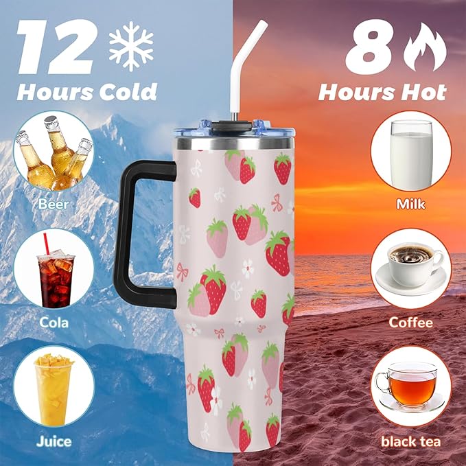 AUUXVA Cute Strawberry Print Thermal Cup for Kids, 40oz Water Bottle with Straw, Stainless Steel Tumbler with Handle, Cup for Cold and Hot Drinks, Adorable Cartoon Fruit Pattern - Bloomnest