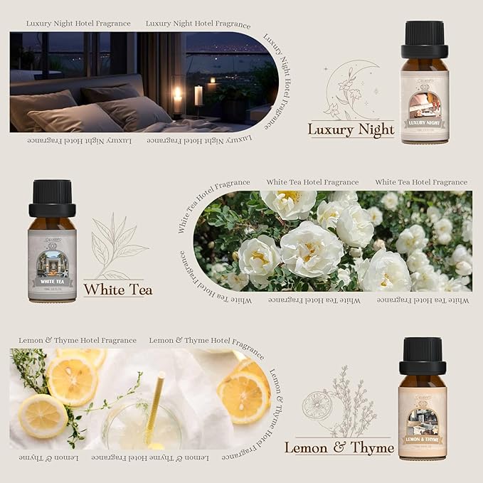 SALUBRITO Hotel Fragrance Oil Set, Luxury Essential Oil Set for Diffuser, Candle, Soap Making Scents, Luxury Night, White Tea, Lemon & Thyme, Citrus Bliss, Hotel Lobby, Jasmine & Mint, Strong Scented - Bloomnest