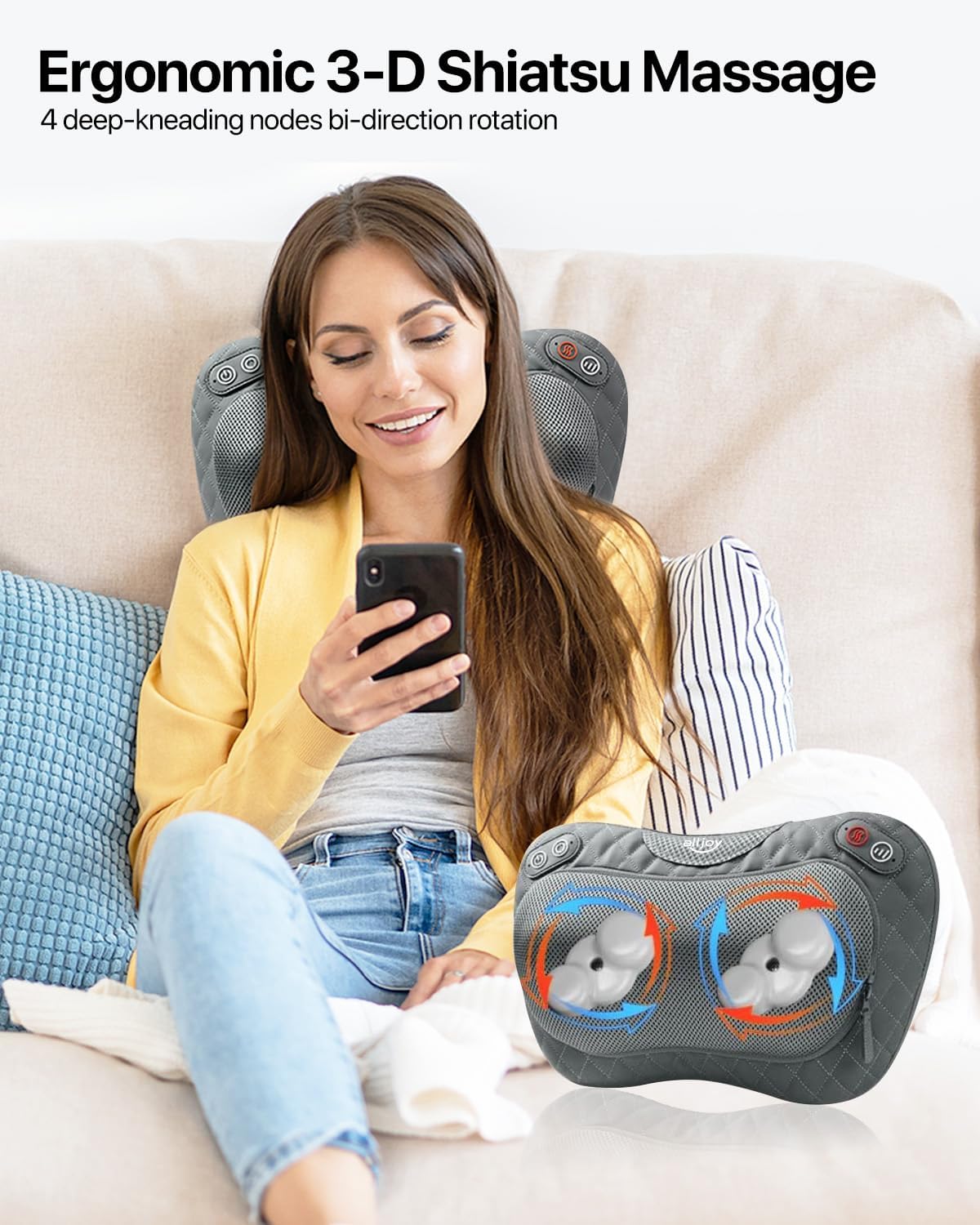 ALLJOY Shiatsu Neck and Back Massager with Soothing Heat,3D Kneading Massage Pillow for Muscle Pain Relief, Use Unplugged,Detachable Cover-Christmas Gifts for Women Men Mom Dad