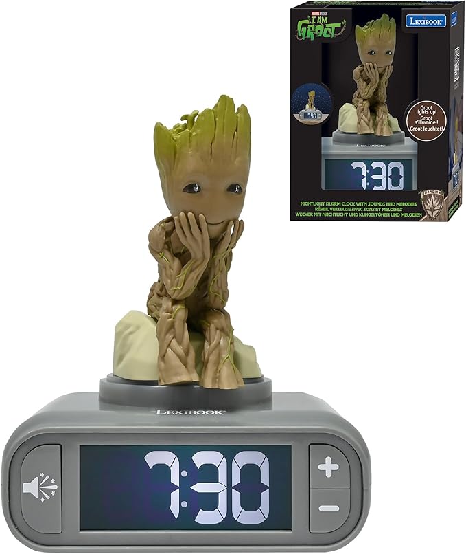LEXiBOOK, Marvel Guardians of The Galaxy, Groot Nightlight Alarm Clock, Sounds and Melodies, Backlit LCD Screen, Illuminated, Snooze, Grey/Brown, RL800GG - Bloomnest