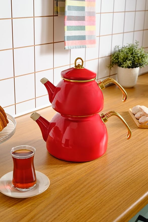 Karaca Retro Turkish Teapot for Stovetop, 1.1L Turkish Tea Pot & 2.3L Kettle, Dishwasher Safe, Induction Tea Pot Set, Vibrant Color Lasting Enamel, Samovar Style, Red - Bloomnest