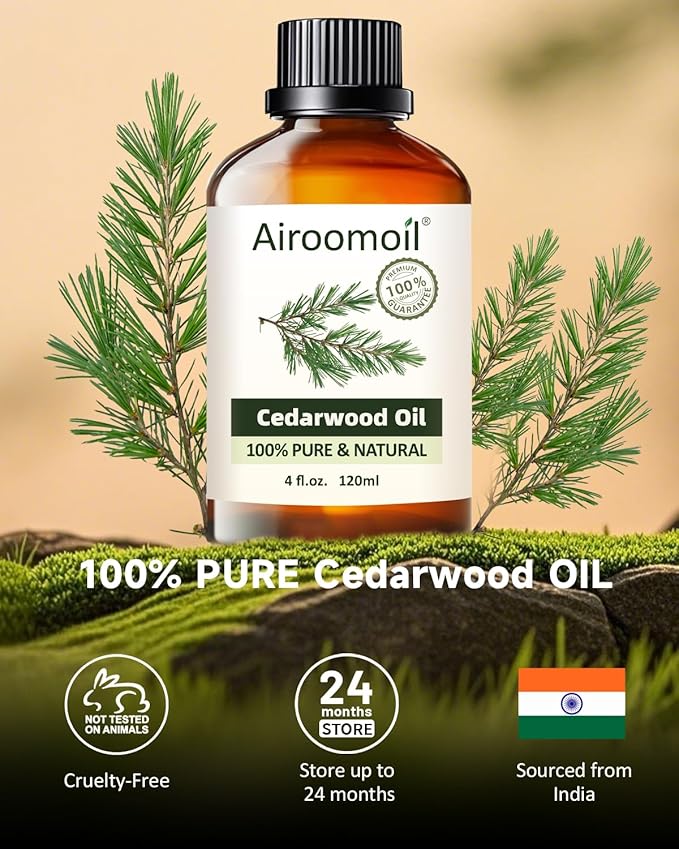 Pure Cedarwood Essential Oil 4 fl oz (120ml), 100% Natural, Warm Woody Aroma Not Sweet or Floral, Large Size for Diffusers, DIY Candles, Soap,s Sprays, Aromatherapy Home Airoomoil