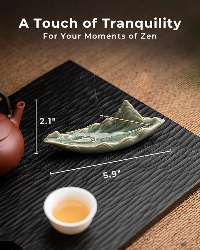 Zen Incense Stick Holder with Ash Catcher – Chinese Rivers & Mountains Landscape Ceramic Boat Incense Burner for Home, Spa, Meditation, Yoga