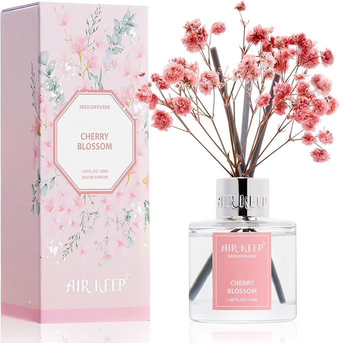 Airkeep Reed Diffuser Set,1.69 fl oz (50 ml) - Cherry Blossom Oil Diffusers with 8 Reed Sticks,Home Fragrance Reed Diffuser for Bathroom Shelf Decor - Bloomnest
