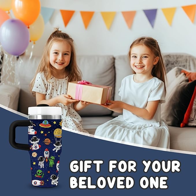 Space Themed Gifts for Boys - 14oz Kids Astronaut Tumbler with Handle and Straw, Stainless Steel Insulated Water Cup, for Sports, School - Space Themed Children's Birthday Gift Cup (1pc) - Bloomnest