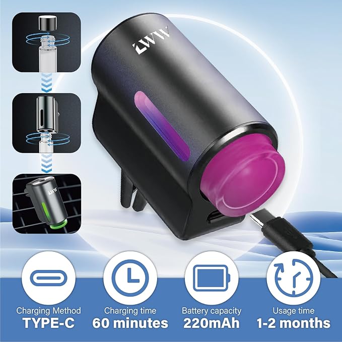 Car Air Freshener - Smart Adjustable 3-Speed Intensity, Rechargeable Humidifier Car Essential Oil Diffuser - Comes with 8 Bottles of 10ml Perfume (Black) - Bloomnest