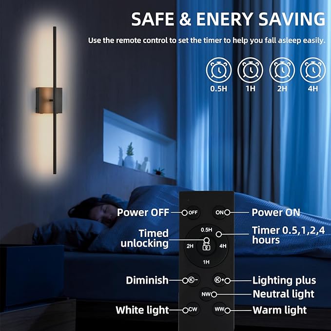 Battery Operated Wall Sconces set of 2, 16000mAh Black Rechargeable Wall Sconce with Remote Control, 3000K-6000K Dimmable LED Wireless Wall Light for Living Room, Hallway, Bedroom, Stairs, 29 Inchs - Bloomnest