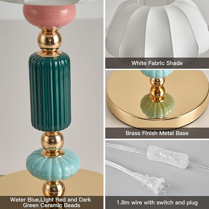 Modern White Fabric Table Lamp Plug in Metal Base Desk Light with Plug Cord Switch for Bedroom Bedside Living Room - Bloomnest