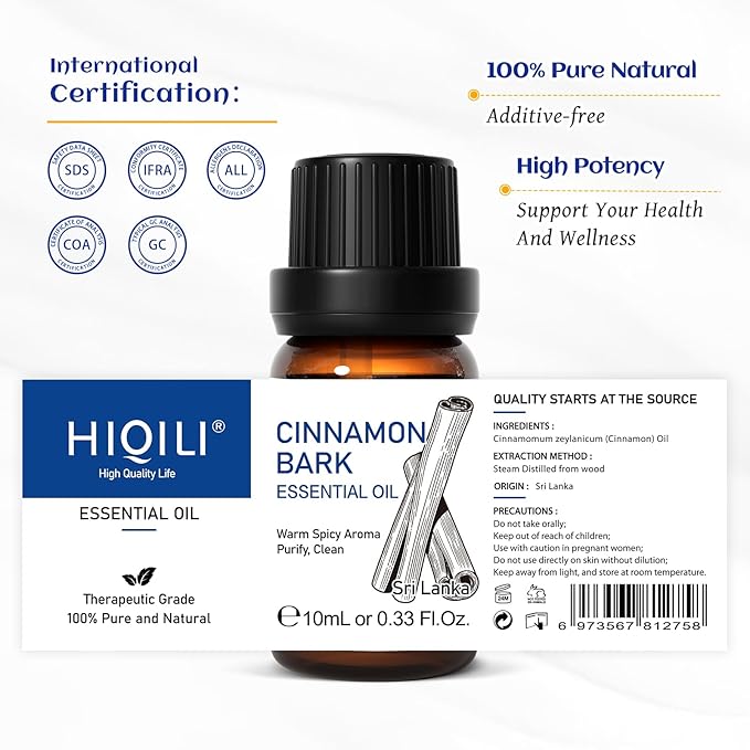 HIQILI 0.33 Fl Oz Cinnamon Essential Oil for Spary, Diffuser, Garden and Kitchen - 100% Pure Natural - Indoor and Outdoor, 10 ML - Bloomnest