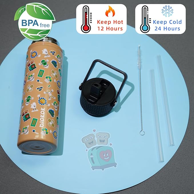 BJPKPK Insulated Water Bottle with Straw Lid, 22 oz Stainless Steel Metal Water Bottles, Reusable Leak Proof BPA Free Water Bottles, Cups, Thermo, Spring Party-Brown - Bloomnest