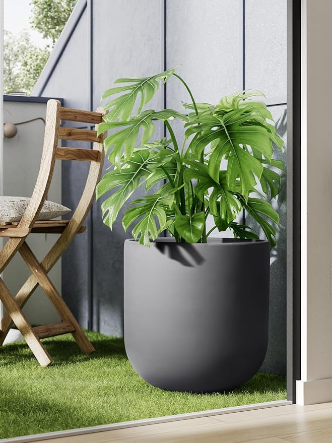 LE TAUCI 12 Inch Pots for Plants, Ceramic Large Planters for Indoor Plants, Indoor Plant Pots for Home Garden Patio Office, Big Planter Pots with Drainage Hole and Rubber Plug, Charcoal Gray - Bloomnest