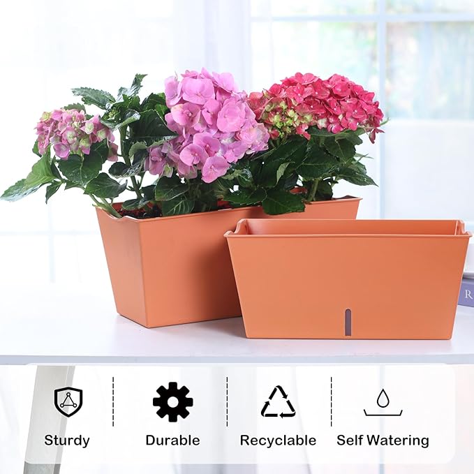 Window Box Planter 6 Pcs, 16.5 Inches Self Watering Rectangle Flower Plant Pots with Drainage Holes Trays, Vegetable Planters for Windowsill Patio Garden Balcony Porch Yard (Orange) - Bloomnest