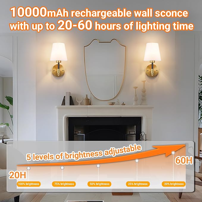 Battery Operated Wall Sconces Set of 2, Wireless Wall Light with 10000mAh RGB Dimmable Magnetic Bulb, Rechargeable Wall Sconce with Remote Control for Bedroom Living Room - Bloomnest